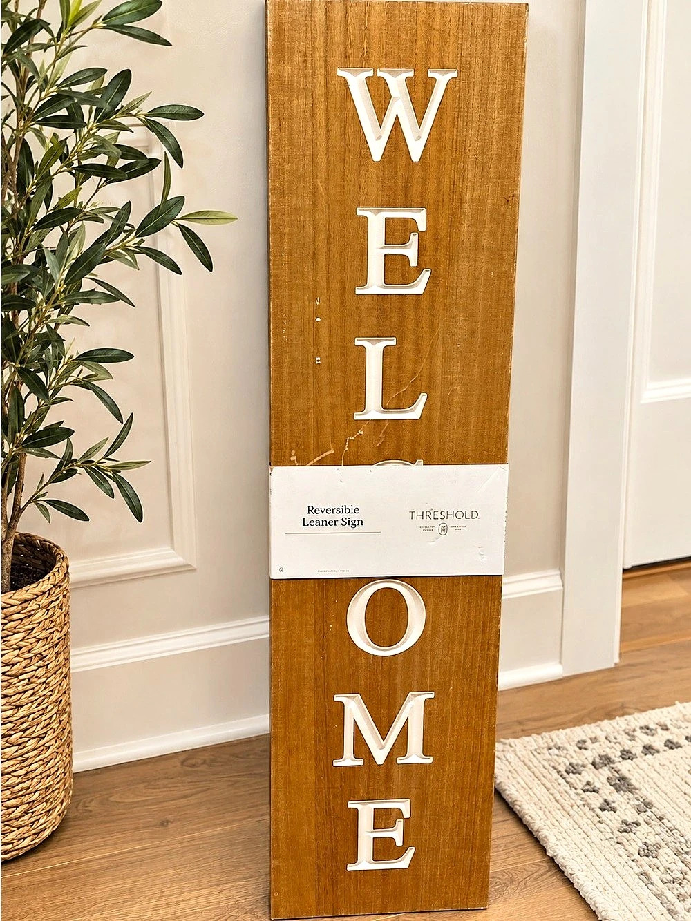 Threshold Reversible Wood Leaner Sign Brown & White